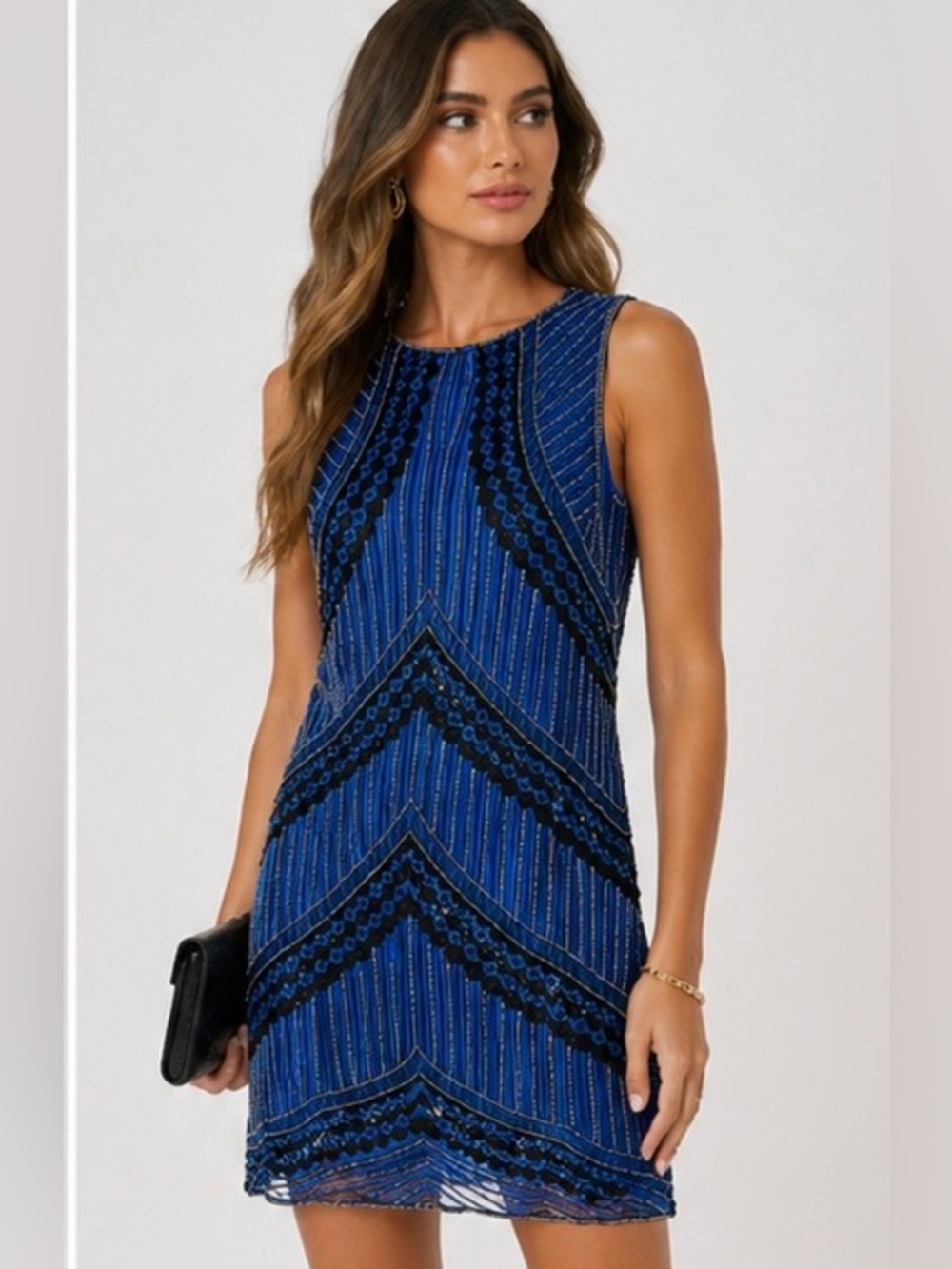 Parker Silk Beaded Mini Dress Blue Black Sleeveless Cocktail Party Size S